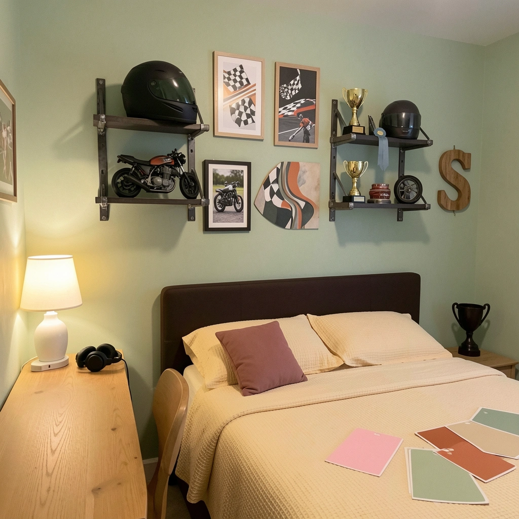 Amostras de cores pastel e terrosas sobre uma mesa de madeira em um quarto