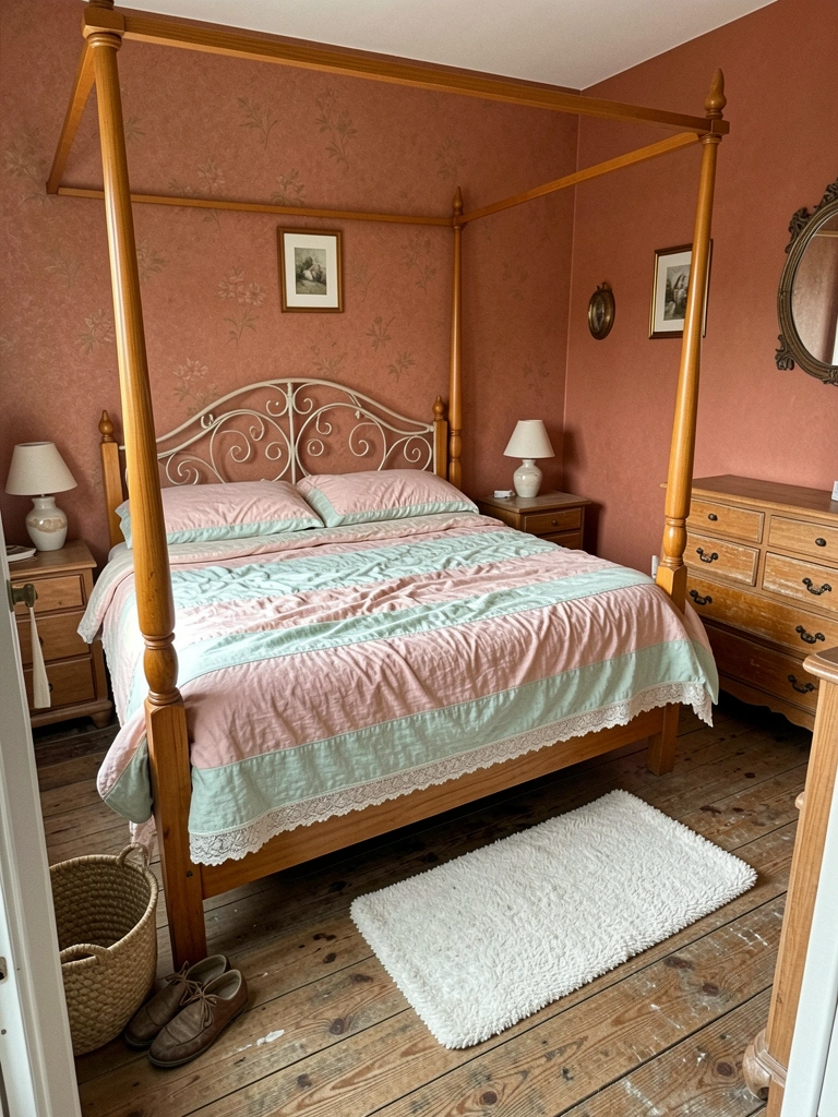 Parede terrosa com cama de linho em tons pastel em um quarto retrô