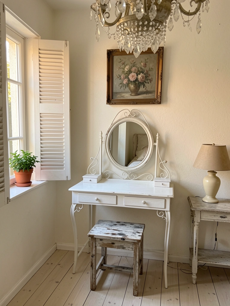 Penteadeira retrô com espelho redondo e banquinho em um quarto decorado