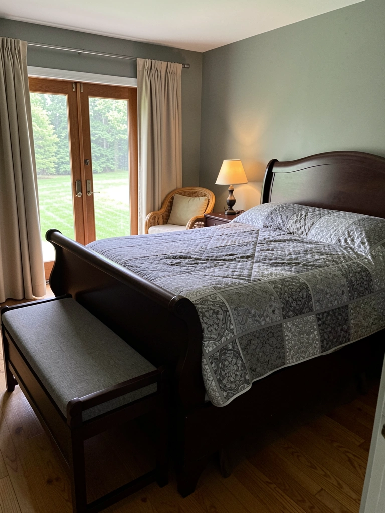 Cama de madeira com cabeceira e poltrona de palhinha em quarto decorado