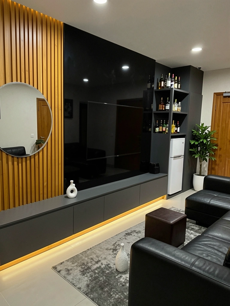 Sala de estar com parede preta, sofá preto e iluminação quente
