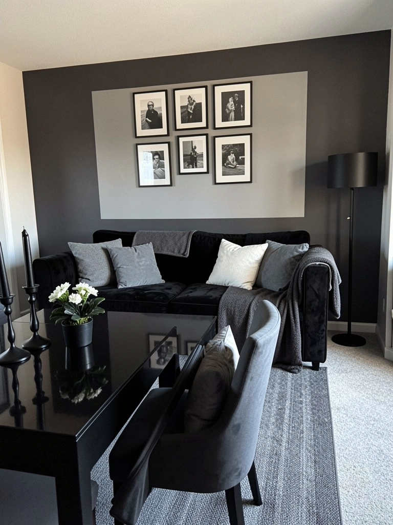 Sofá preto de veludo com mesa de centro preta em sala de estar
