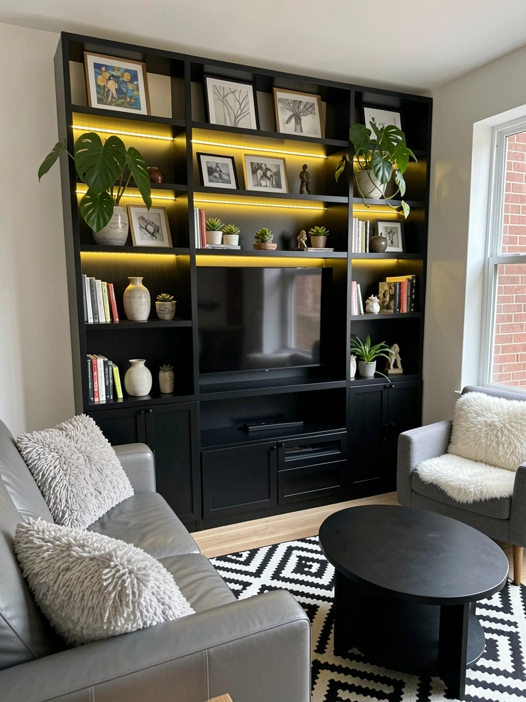 Estante preta de MDF com painel para TV e objetos decorativos