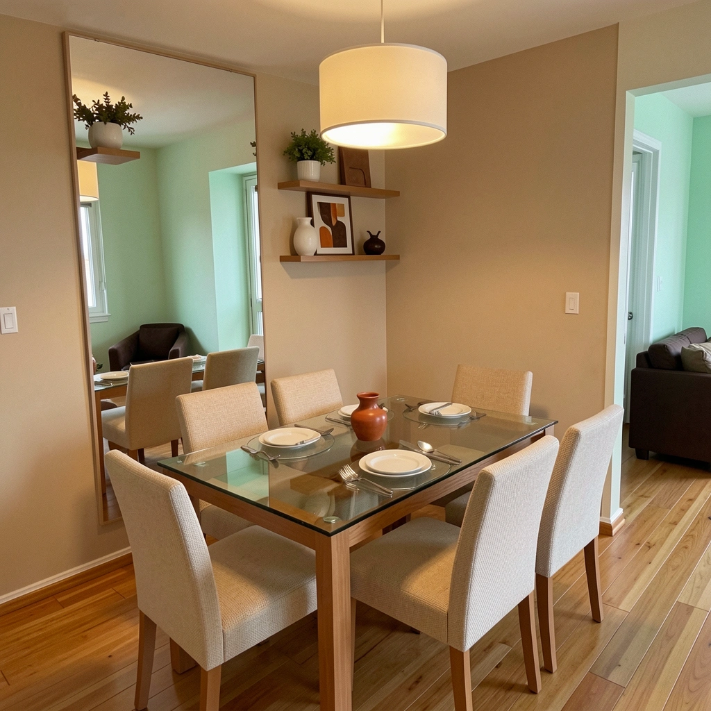 Planta de apartamento com ambientes integrados, destacando a área da sala de jantar.