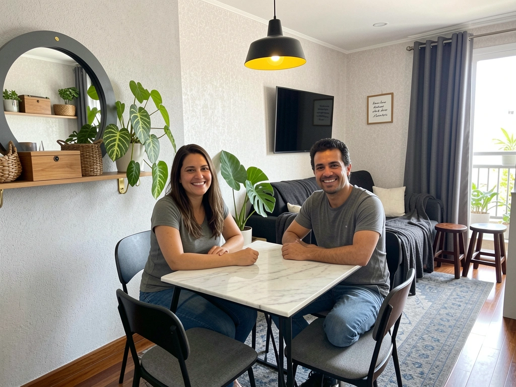 Casal sorrindo à mesa de jantar pequena em apartamento