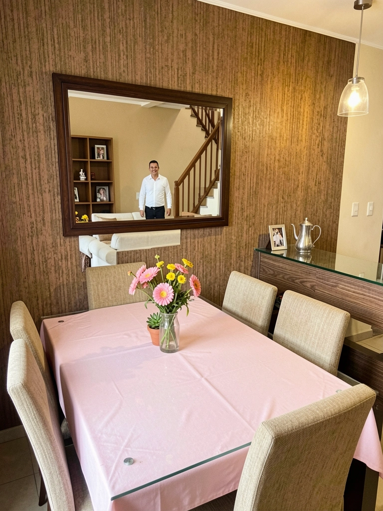 Mesa retangular de madeira clara com quatro cadeiras sem braço encostadas, contra parede branca em ambiente compacto.