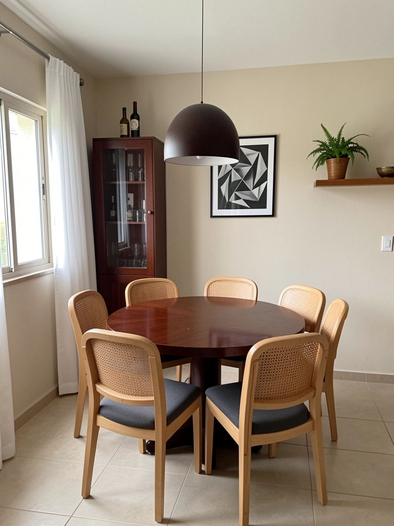 Cadeiras de madeira clara sem braço encaixadas sob uma mesa de jantar