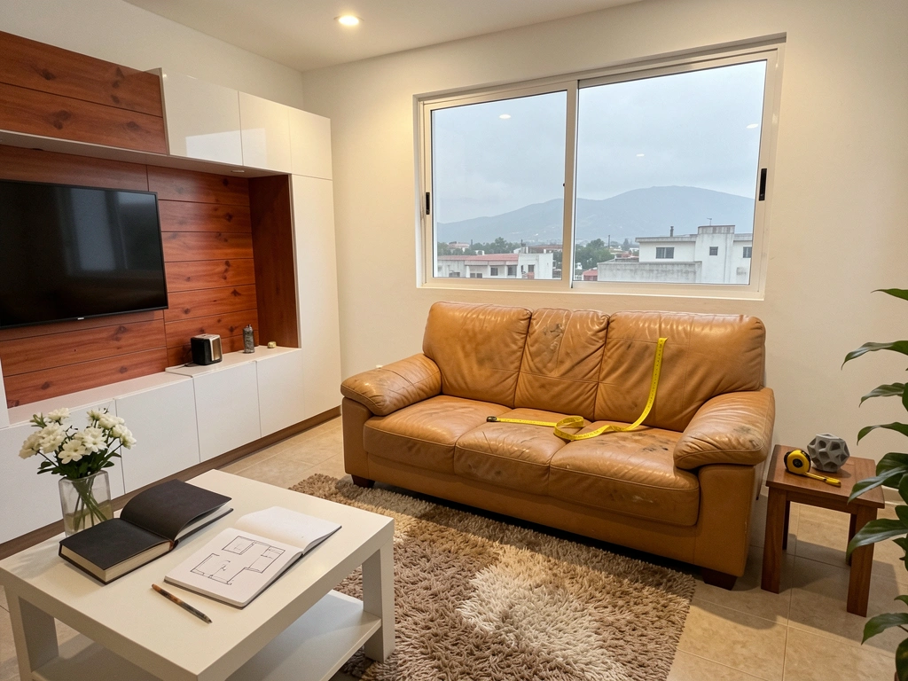 Sala de TV vazia com fita métrica sobre o piso, paredes claras e luz natural.