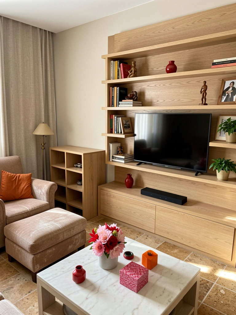 Painel de TV ao lado de rack simples, comparação visual em ambiente neutro