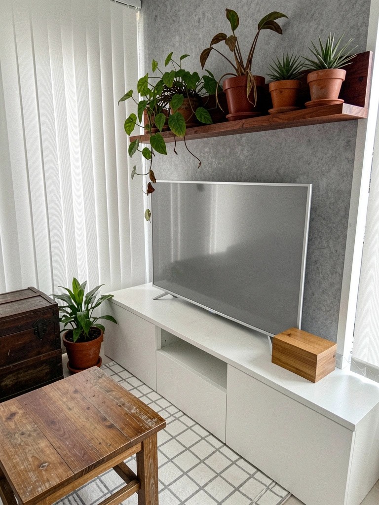 Rack baixo branco com TV de tela plana e objetos decorativos sobre a superfície