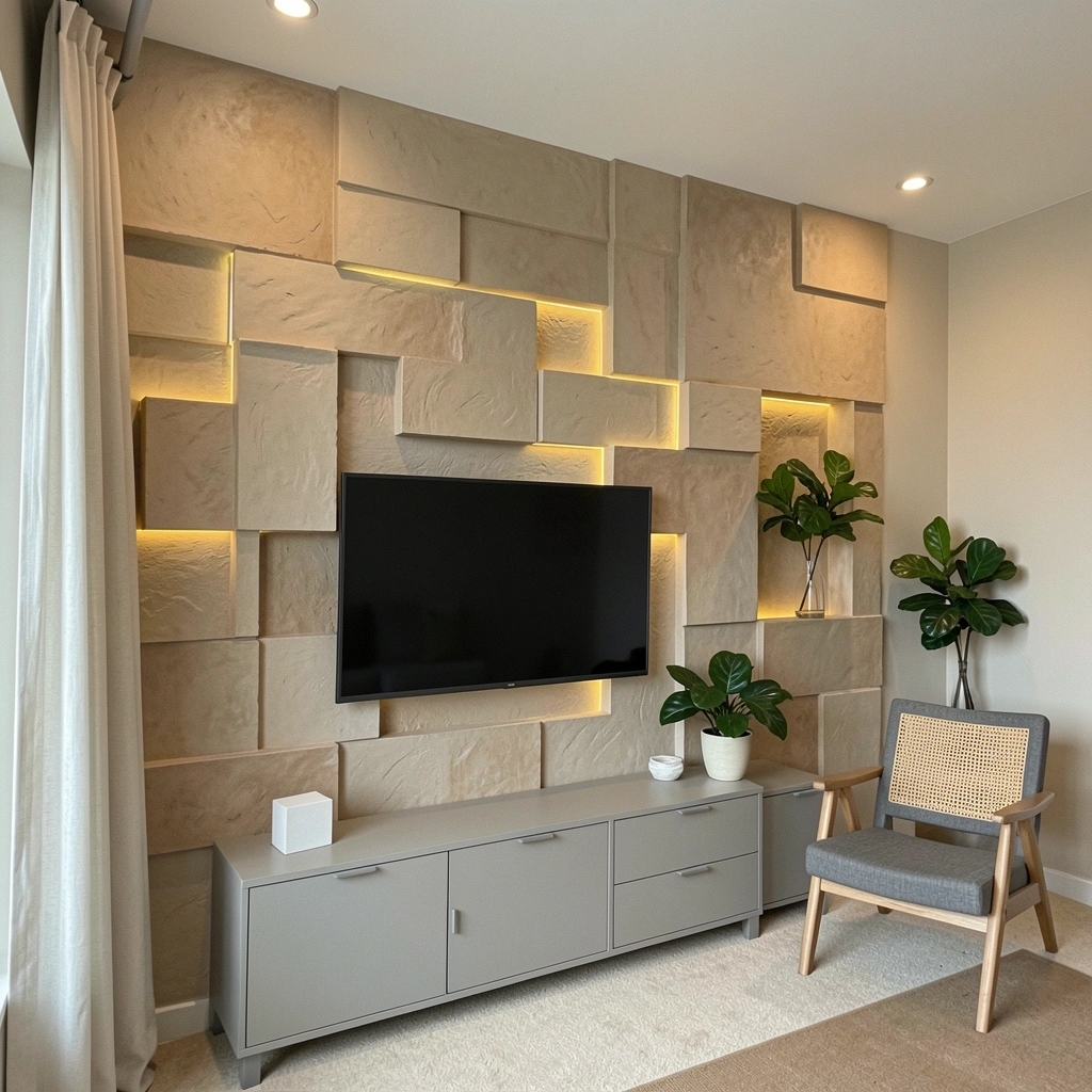 Painel de gesso com nichos iluminados por LED em sala de estar