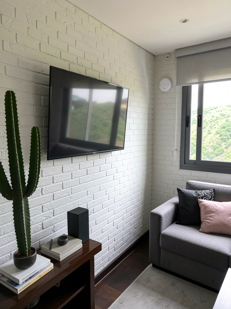 Parede de tijolinho branco com TV de tela plana e prateleira de madeira
