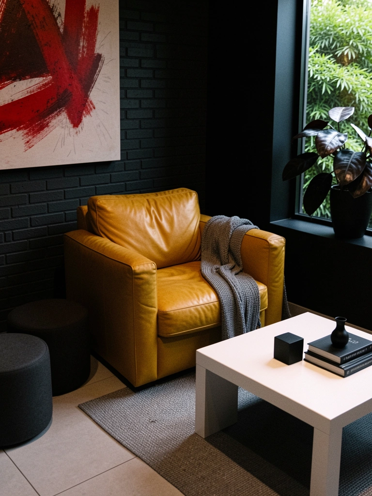 Sala escura com poltrona amarela e quadro vermelho abstrato na parede