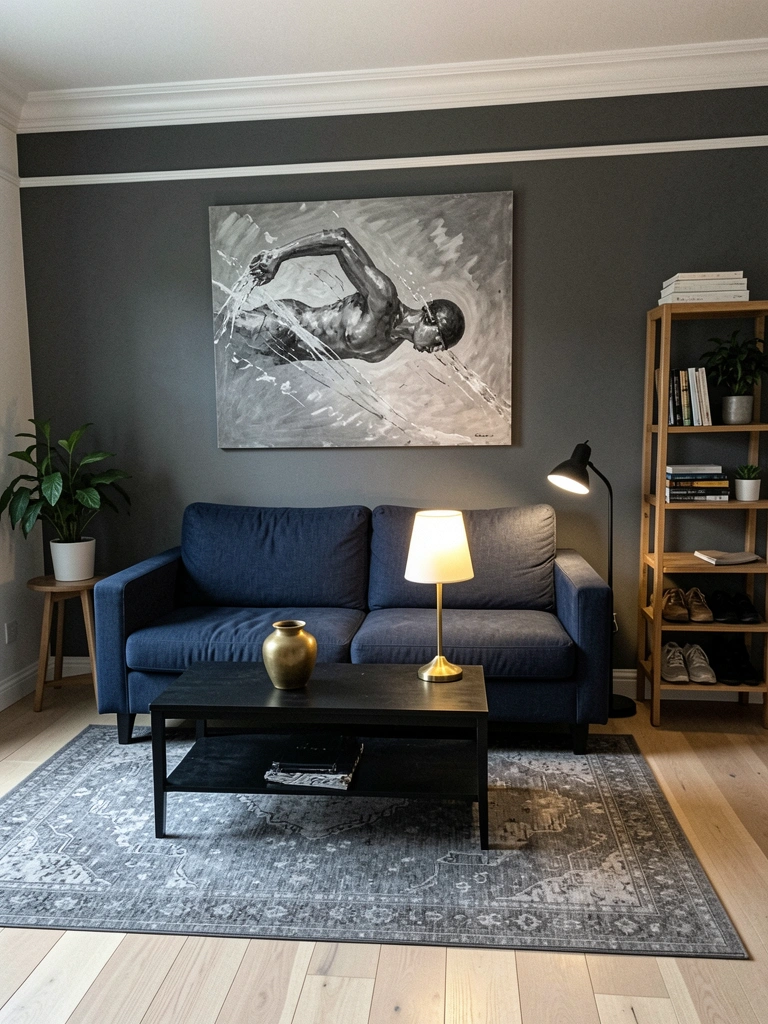 Mesa de centro preta com vaso dourado e luminária de latão em sala decorada