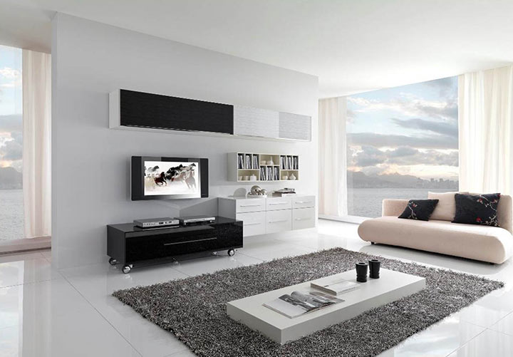 decoração sala pequena minimalista cinza