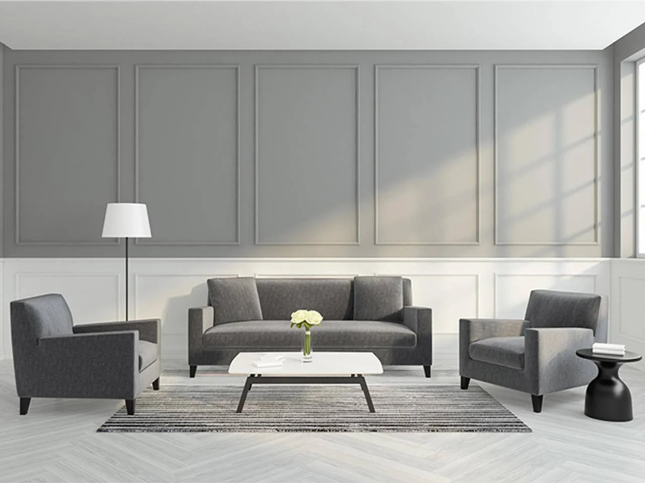 sala minimalista com sofá cinza