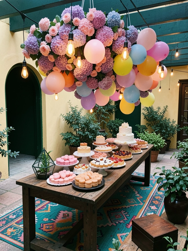 Tapete colorido em festa com balões e mesa de doces ao fundo