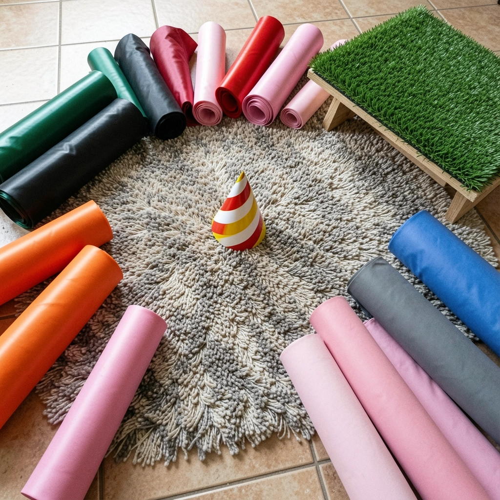 Tapete colorido com padrão geométrico usado como fundo em uma mesa de festa com doces e enfeites.