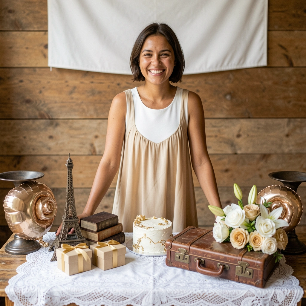 Mesa com paleta de tons neutros e detalhes em dourado, incluindo vaso e objetos decorativos
