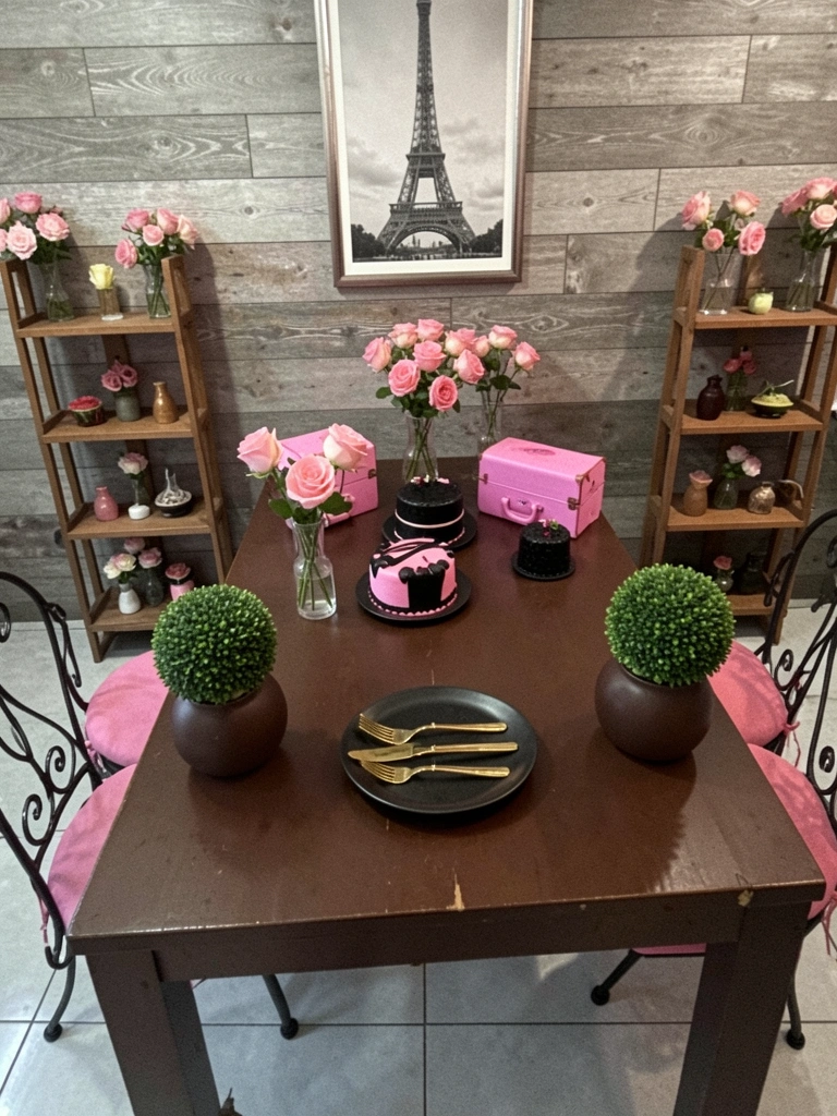 Sousplat preto com talheres dourados sobre mesa posta